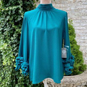 VINCE CAMUTO High Neck Ruffle Sleeve Textured Top in Teal Color